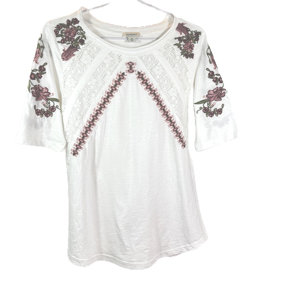 SUNDANCE Georgette Embroidered Short Sleeve White & Red Cotton Top Size XS